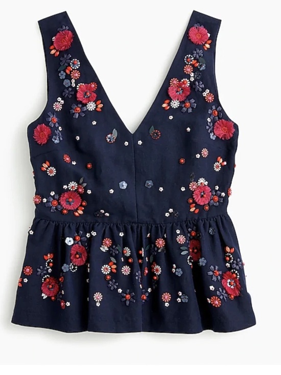J. Crew Tops - J. Crew Navy V-Neck Peplum Tank with Red & Pink Floral Embroidery